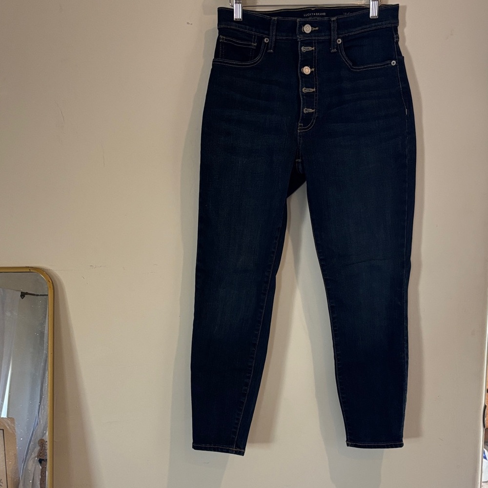 Lucky Brand High-Rise Dark Indigo Button-Fly Jeans, skinny leg